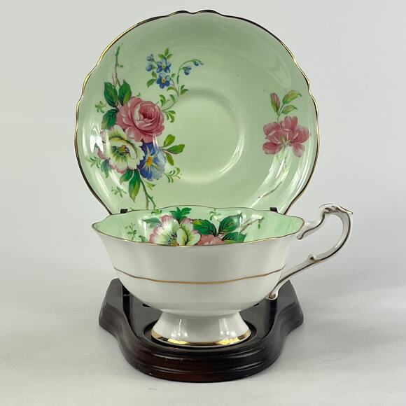 Paragon England Bone China Tea Cup Saucer Set CS298 Cabbage Rose Mint Green Gold - Picture 1 of 15